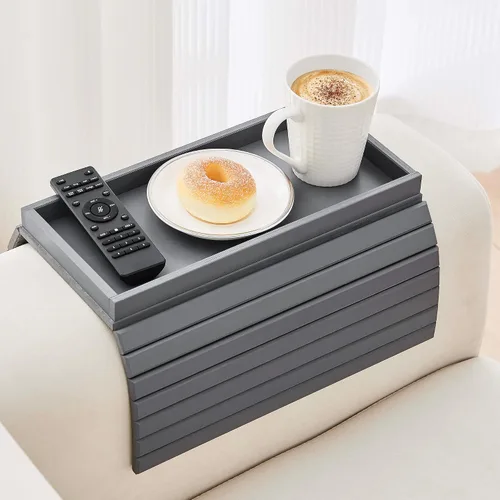 Miniatura 9 de GEHE Bandeja de madera de acacia para sofá, mesa auxiliar plegable para el brazo del sofá, mesa auxiliar con reposabrazos anticaídas, soporte