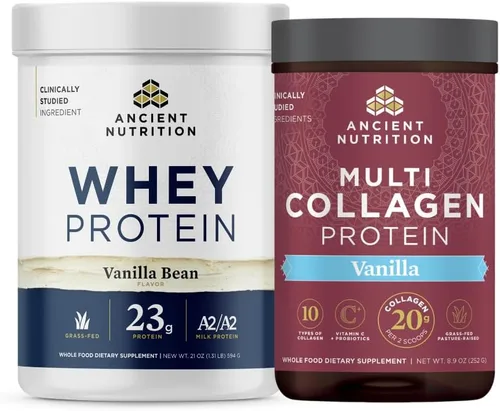 Ancient Nutrition Proteína de suero en polvo alimentada con hierba, grano de vainilla, 20 porciones + proteína en polvo de péptidos de colágeno