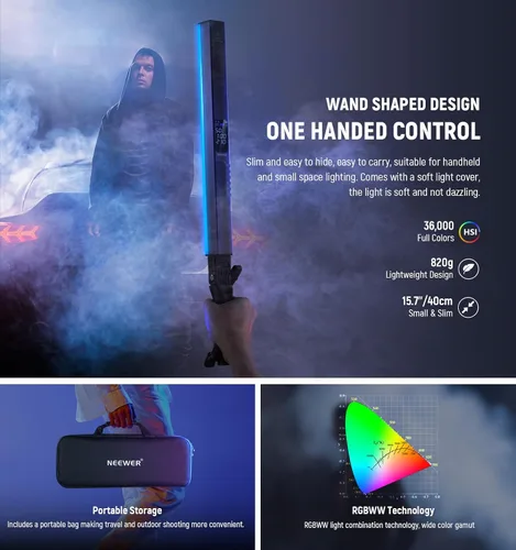 Miniatura 2 de NEEWER Barra de Luz LED RGB2 con Puerta de Granero de Metal, Mango, Barra Táctil/APP/Control 2.4G, Luz de Video RGB Magnética Recargable de Mano