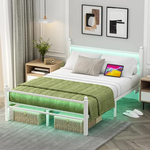 Miniatura 9 de Marcos de cama individuales con estación de carga y luces LED, marco de cama de metal tamaño individual con cabecera y pie de cama, plataforma
