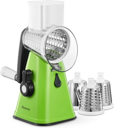 Reemix - Rallador rotativo de queso con asa, triturador de queso vegetal para cocina, 3 cuchillas intercambiables para queso, papa, calabacín, Verde