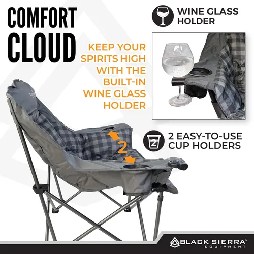 Miniatura 7 de Silla de camping de gran tamaño Black Sierra para adultos, asiento resistente para exteriores con acolchado suave, soporta 400 libras, portavasos