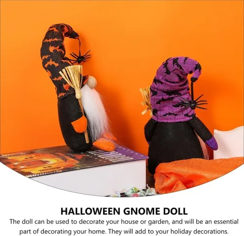 Miniatura 4 de PRETYZOOM Muñeca sin rostro, gnomo de Halloween, decoración de felpa, gnomo de bruja de fieltro suave morado con barba gris, escoba de araña
