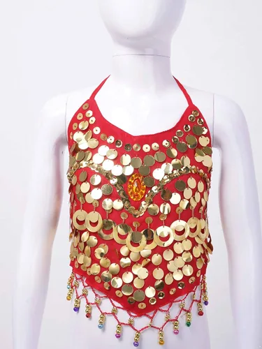 Miniatura 3 de Disfraz de baile del vientre para niñas, con lentejuelas, con borla, halter, vendaje, para escenario