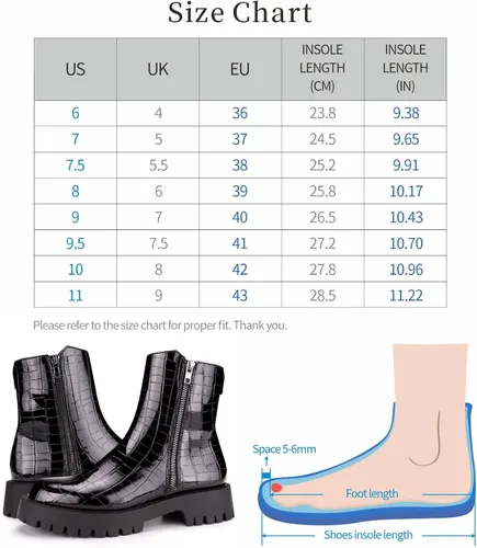 Miniatura 6 de ISOMEI Botines negros de cocodrilo para mujer botas de combate con cremallera y plataforma de charol