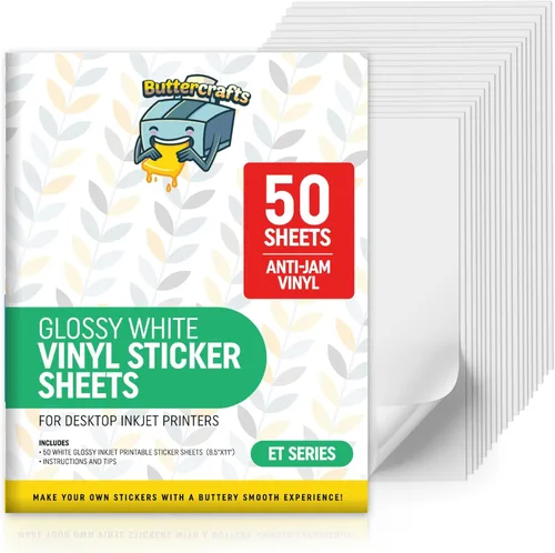 Papel adhesivo de vinilo imprimible brillante, impermeable, 50 hojas de 8.5 x 11 pulgadas, impresora de inyección de tinta (Epson), hojas adhesivas