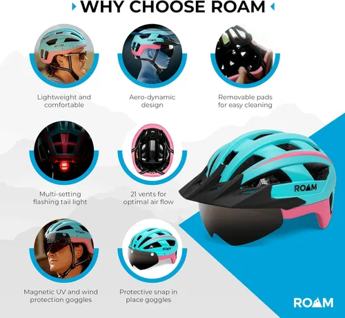Miniatura 8 de Roam Casco de bicicleta de carretera, cascos duraderos para adultos con visera solar, luz LED y gafas magnéticas desmontables, tamaño ajustable