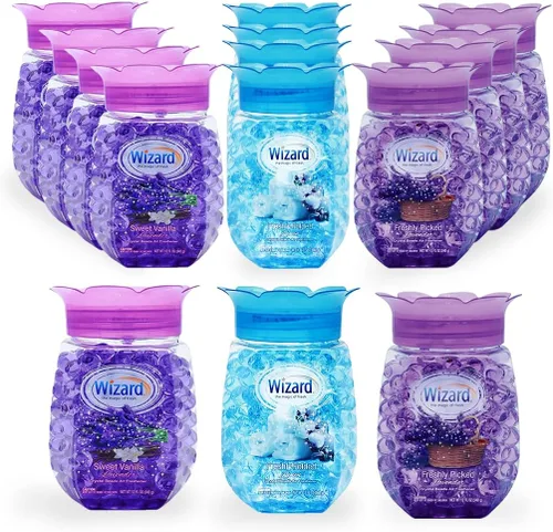 WIZARD - Perlas de gel eliminadoras de olores, 12 onzas, paquete de 12 ambientadores para baño. Habitaciones, por áreas y ambientadores de