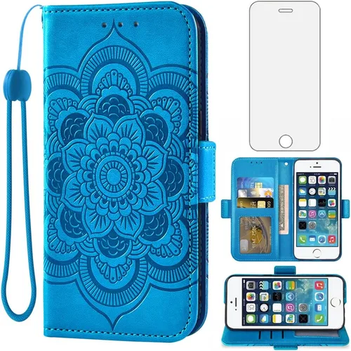 Compatible con iPhone 5S 5 SE 2016 5SE Funda tipo cartera y protector de pantalla de vidrio templado, funda con tapa para tarjetero, fundas para