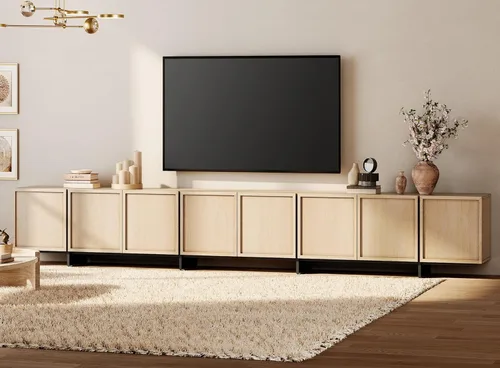 Miniatura 10 de WAMPAT Soporte moderno para TV de 32-75 pulgadas, centro de entretenimiento de madera con gabinetes de almacenamiento, mesa de consola de TV