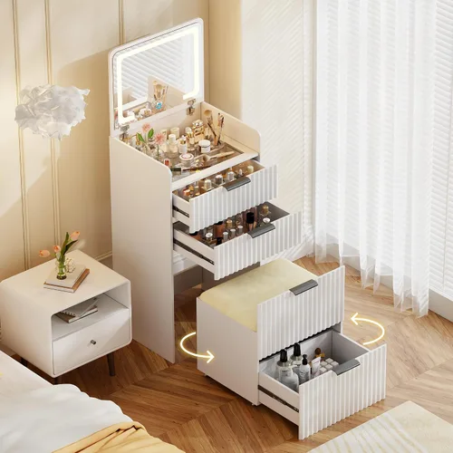 Miniatura 8 de Gurexl Pequeño tocador acanalado con espejo y luces, juego de tocador compacto 3 en 1 con taburete de almacenamiento oculto, mini tocador con 3