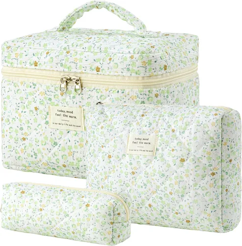 Miniatura 15 de HBselect Bolsa de maquillaje acolchada, 3 piezas de algodón grande, bolsa de maquillaje de viaje, bonita bolsa de maquillaje floral de coqueta