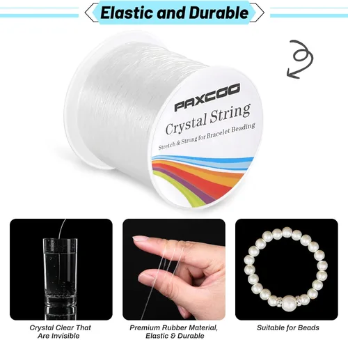 Miniatura 5 de PAXCOO - 2 rollos de cuerda elástica para cuentas de arcilla, cuentas de poni Kandi, pulseras y fabricación de joyas (0.031 in, cristal)