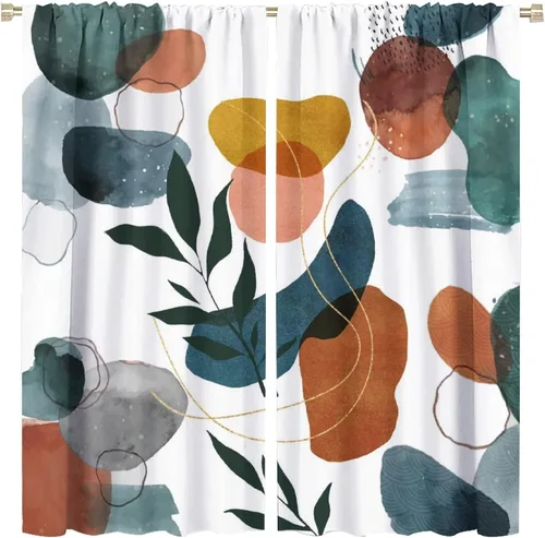 Miniatura 23 de Cortinas opacas de arte abstracto de mediados de siglo para dormitorio, cortinas modernas de estilo bohemio con hojas geométricas florales, cortinas