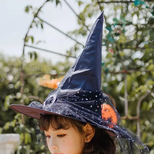 Miniatura 4 de Sombrero de bruja de Halloween para mujer, sombrero puntiagudo con velo, accesorio para disfraz de bruja de carnaval, fiesta de disfraces