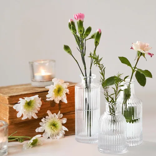 Miniatura 5 de Juego de 12 jarrones de vidrio acanalado para flores a granel, mini jarrones acanalados para centro de mesa, mesa decorativa, boda, recepción