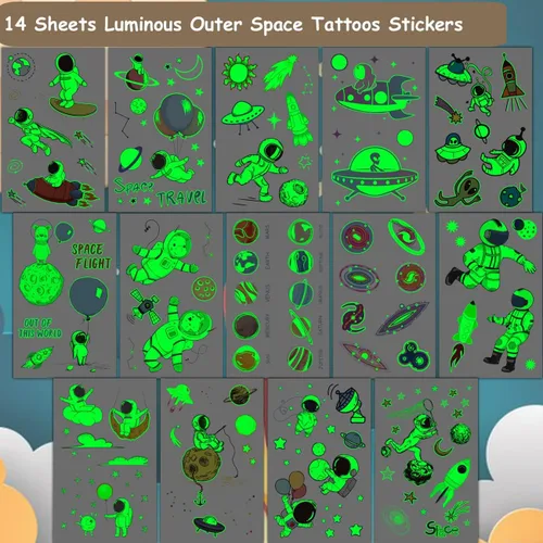 Miniatura 3 de CHARLENT Tatuajes luminosos del espacio exterior para niños, 14 hojas que brillan en la oscuridad, astronauta, planeta, tatuajes temporales