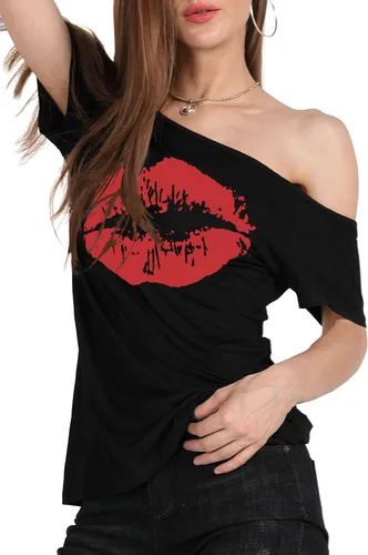 Miniatura 53 de MAGICMK - Camiseta casual para mujer, con estampado de labios y hombro descubierto, talla extragrande