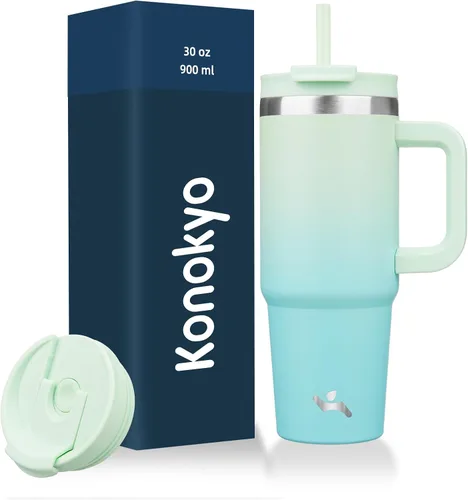 Miniatura 19 de Konokyo - Vaso de 40 onzas con asa y 2 pajillas, botella de agua aislada 2 en 1 con tapa. Taza de viaje de acero inoxidable para café, flores