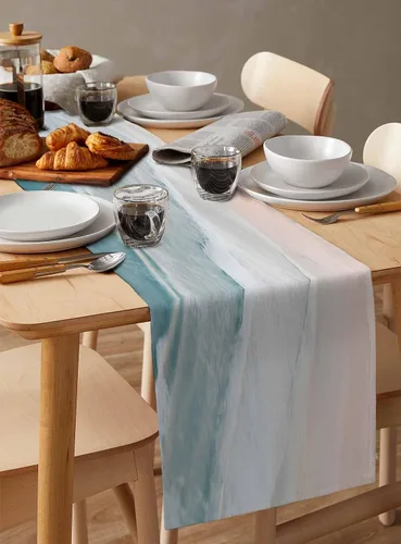 Miniatura 6 de Camino de mesa de playa de verano de 70 pulgadas de largo, bufandas de vestir estilo granja, náutico oceánico, costero, auqa, beige, mesa de comedor