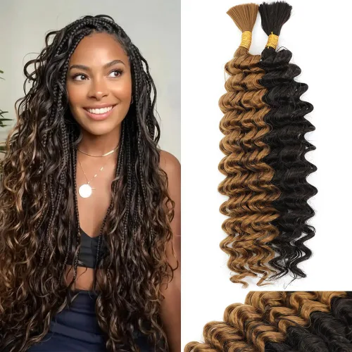 Miniatura 24 de Mezcla de cabello humano trenzado sintético de onda profunda a granel para trenzar, 16 pulgadas, cabello trenzado húmedo y ondulado, 2 piezas