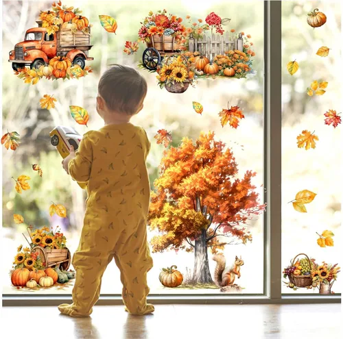 Miniatura 8 de Calcomanías de pared de árbol de arce, calcomanías de pared de otoño con hojas de otoño, calcomanías de pared de hojas de árbol amarillo