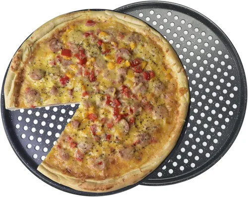 Miniatura 2 de Monfish Sartén para pizza de 14 pulgadas con agujeros, paquete de 2 bandejas de pizza perforadas, bandeja para pizza de acero al carbono, sartén