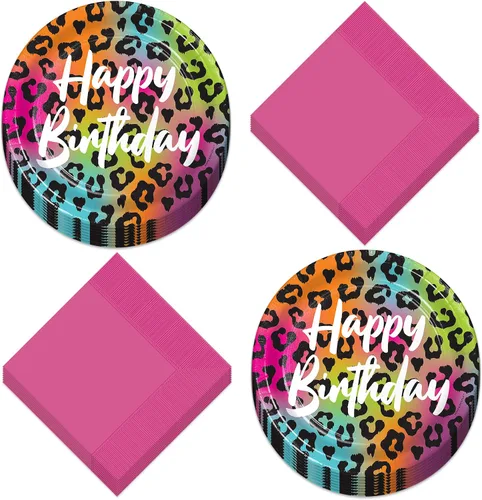 Miniatura 9 de Live It Up! Party Supplies Wild Child Happy Birthday - Platos de postre de papel con estampado de animales, servilletas y tazas de color rosa