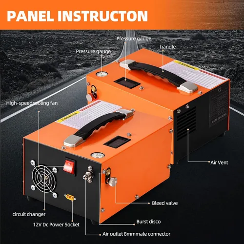 Miniatura 3 de Compresor de aire PCP, 4500 PSI/30 MPa, Fuente de alimentación dual 12V CC/110V CA, Bomba de inflado rápido sin aceite, Compresor de aire portátil