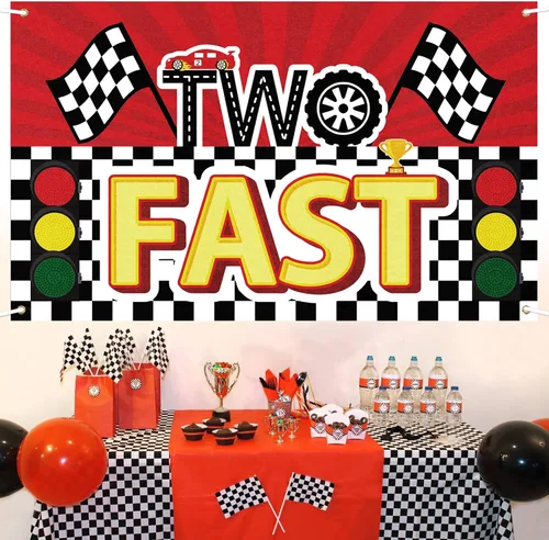 Miniatura 3 de Cartel grande de 2º cumpleaños para niños con dos decoraciones rápidas, cartel grande de 2º cumpleaños con temática de carreras, cartel