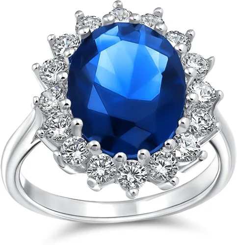 Miniatura 30 de Anillo de compromiso de plata de ley 925 personalizable con halo de corona ovalada de 5 a 7 quilates con circonita cúbica simulada de zafiro azul