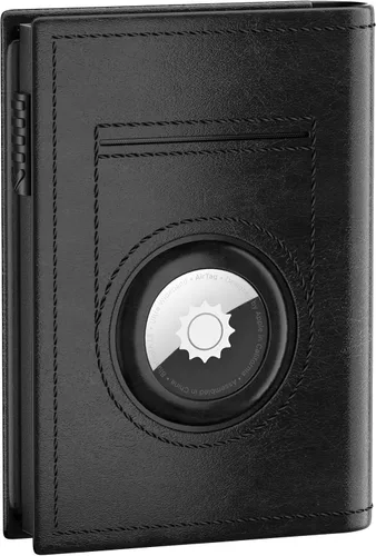 Billetera inteligente para AirTag, cartera minimalista para hombres con soporte para AirTag, bloqueo RFID con cierre magnético, cuero negro