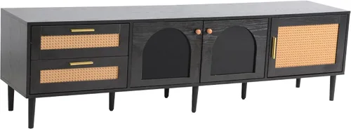 Miniatura 9 de JIVOIT Moderno soporte de TV de ratán para televisores de hasta 80 pulgadas, mesa consola inspirada en ratán con 3 gabinetes y 2 cajones, armario