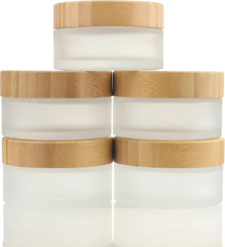 Miniatura 11 de COSIDEA 5 tarros vacíos de vidrio transparente redondos de 1 onza/1.06 oz con tapas de bambú, tarro de crema de bambú, recipientes de viaje