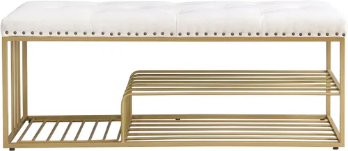 Miniatura 7 de Banco de lino con almacenamiento de zapatos de entrada con asiento acolchado copetudo, banco otomano con marco mental dorado para dormitorio, Beige