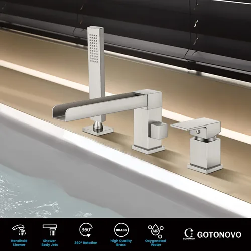 Miniatura 8 de gotonovo Grifo de bañera romano con boquilla larga giratoria de 360°, montaje en cubierta, juego de grifo de bañera de 3 agujeros con relleno
