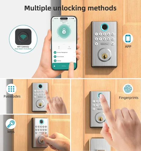 Miniatura 3 de Juego de cerradura de puerta inteligente WiFi: cerrojo de entrada sin llave HEANTLE con asa, cerrojo de huella dactilar, teclado digital