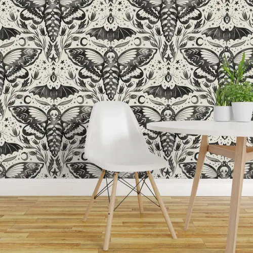 Miniatura 3 de Muestro de papel tapiz extraíble – Acuarela Cráneo Polilla Damasco Negro Blanco Flor Estrellas Elegante Tinta Magia Papel pintado personalizado