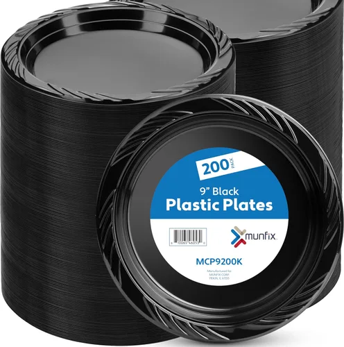 Munfix Juego de 200 platos de plástico negro – platos llanos desechables de 9 pulgadas, paquete a granel para fiestas, barbacoas, picnic, fiestas,