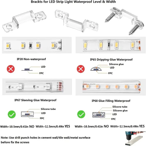 Miniatura 4 de MMSD Paquete de 100 soportes de montaje para tira de luces LED, soporte de luz de rayas, gancho de cinta LED, clips rígidos con 202 tornillos