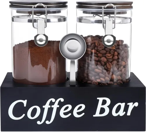 WYTAOHZL 2 recipientes de café de vidrio con estante, organizador de estación de café de 54 oz, almacenamiento de granos de vidrio con cuchara,