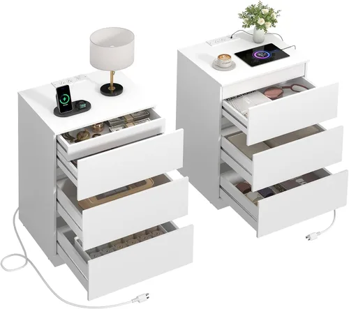Miniatura 16 de Mesita de noche, 4 cajones, 26 pulgadas de alto con cajón oculto, mesita de noche con estación de carga, moderna mesita de noche para dormitorio