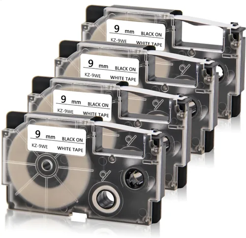 Absonic Paquete de 4 cintas adhesivas compatibles con Casio de 0.354 in XR-9WE XR-9WE2S XR9WE2S de 0.354 in, color negro sobre blanco, etiqueta para