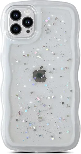 Miniatura 56 de Qokey Funda para iPhone 12 Pro Max de 6.7 pulgadas, diseño de onda rizada, borde transparente, brillante con purpurina, estrella brillante, bonita