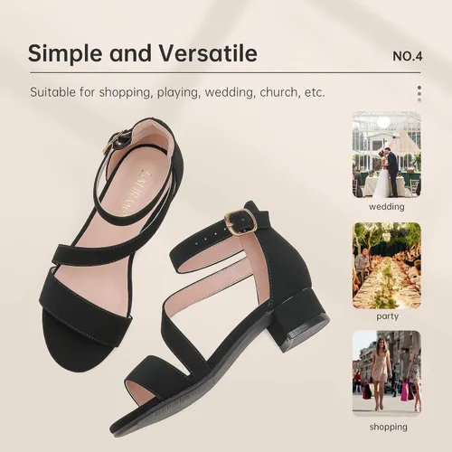 Miniatura 8 de Sandalias para niñas con tacón para niños con punta abierta y correa de tobillo, zapatos de vestir con flores para bodas y fiestas para niños