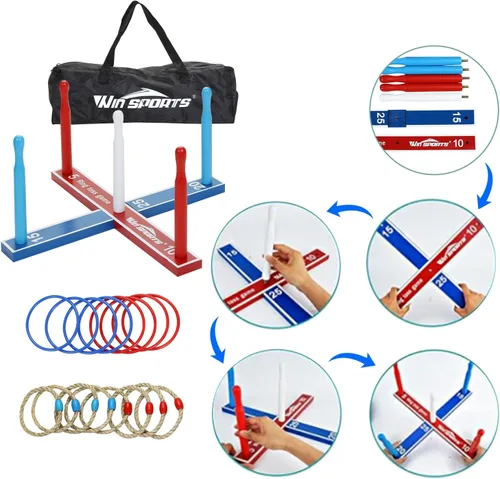 Miniatura 6 de Win SPORTS Juego de lanzamiento de anillos de madera, divertido juego de carnaval para interiores y exteriores, para niños y adultos, incluye 16