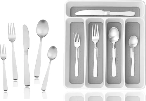Miniatura 14 de JASHII - Juego de cubiertos con bandeja, 20 piezas de acero inoxidable cuadrado cubiertos servicio para 4, acabado mate, utensilios de alimentación
