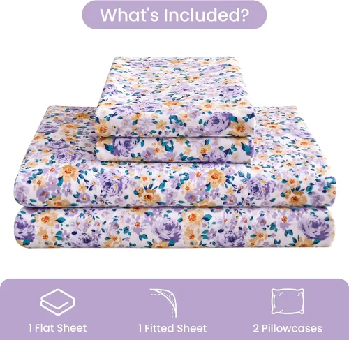 Miniatura 7 de Mooreeke Sábanas de cama Queen con estampado floral, ropa de cama impresa de microfibra suave y fundas de almohada, sábana vintage Queen de bolsillo