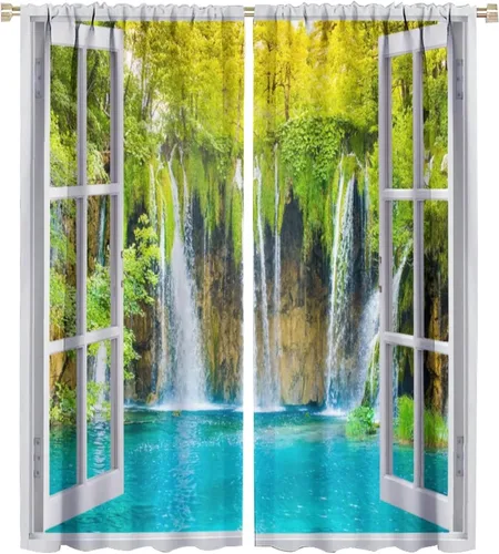 Miniatura 65 de Cortinas de paisaje, ventana tropical con vista al mar, océano, playa, barco, cortinas con estampado de palmeras para dormitorio, sala de estar, Mar