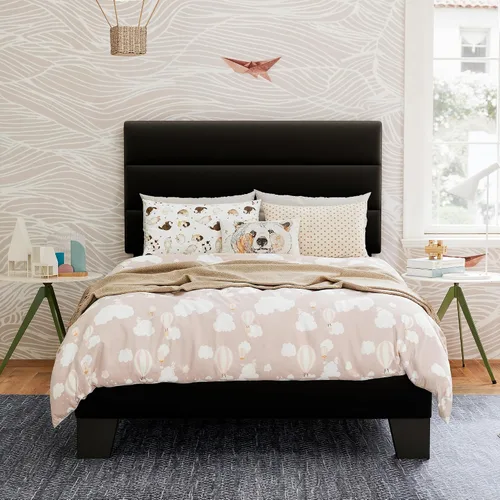 Miniatura 3 de GOLDORO Base de cama de plataforma de tamaño individual con cabecera tapizada, soporte de listones de madera, no necesita somier, fácil montaje